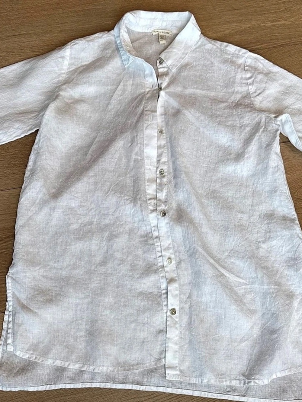 EILEEN FISHER Organic Handkerchief Linen Classic Collar Long Shirt Linen Button